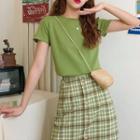 Set: Crew-neck Short-sleeve T-shirt + Plaid Midi Straight-fit Skirt