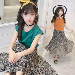 Family Matching Set: Short-sleeve T-shirt + Printed A-line Midi Skirt