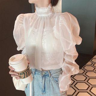 Mock-neck Puff-sleeve Shirred Blouse White - One Size