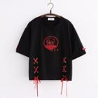 Short-sleeve Cat Embroidered Lace-up T-shirt Black - One Size