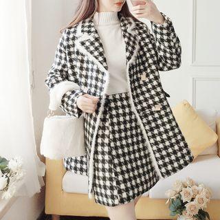 Set: Double-breasted Houndstooth Jacket + A-line Skirt