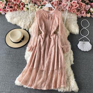 V Neck Lace Plain Long Sleeve Dress