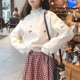 Mock Neck Floral Embroidered Sweatshirt / Plaid Mini A-line Skirt