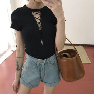 Cross Front Ribbed Short-sleeve T-shirt