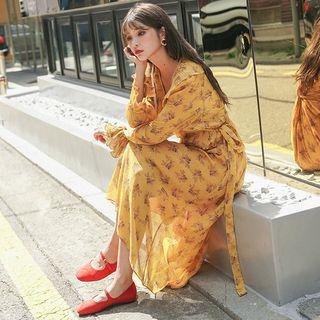 Pleated-trim Floral Maxi Wrap Dress
