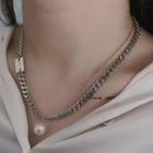 Faux Pearl Pendant Layered Stainless Steel Necklace Silver - One Size