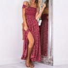 Off-shoulder Printed Slit-front Maxi Dress
