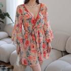 Set: Floral Print Ruffled Bikini + Cover-up