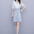 Set: Short-sleeve Ruffled Blouse + Mini A-line Denim Suspender Skirt