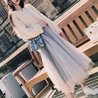 Set: V-neck Sweater + Midi Mesh Skirt Almond - One Size