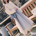 Set: V-neck Sweater + Midi Mesh Skirt Almond - One Size