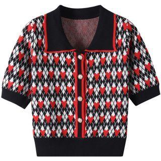Short-sleeve Floral Knit Top Black & Red - One Size