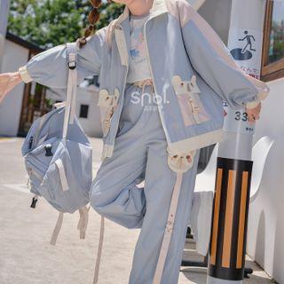 Color Block Zip-up Jacket / Cartoon Bear Pocket Joggers