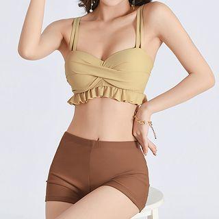 Set: Long-sleeve Lace Wrap Tankini Top + Swim Skirt