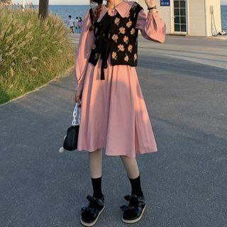 Floral Knit Vest / Long-sleeve Shirt Dress