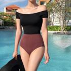 Off-shoulder Short-sleeve Two-tone Swimsuit