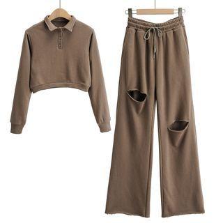 Set: High Waist Polo Sweatshirt + Distressed Straight Leg Pants