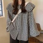 Long-sleeve Gingham Wide Collar Buttoned Top / Straight Fit Pants