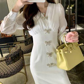 Long-sleeve V-neck Ribbon Sheath Dress