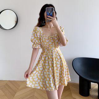 Floral Print Puff-sleeve Swim Dress