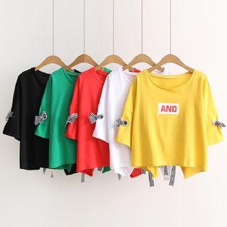 Elbow-sleeve Striped Strap Letter T-shirt