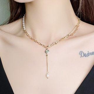 Faux Pearl Coin Pendant Alloy Necklace Gold - One Size