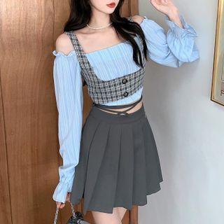 Bell-sleeve Off-shoulder Blouse / Plaid Camisole Top / Pleated Mini A-line Skirt