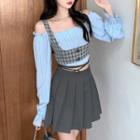 Bell-sleeve Off-shoulder Blouse / Plaid Camisole Top / Pleated Mini A-line Skirt
