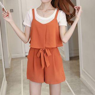 Set: Plain Knit Cropped Tank Top + Wide Leg Shorts