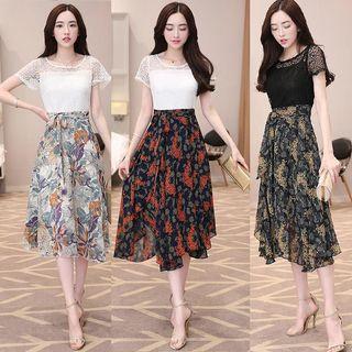 Set: Lace Top + Floral Chiffon Skirt