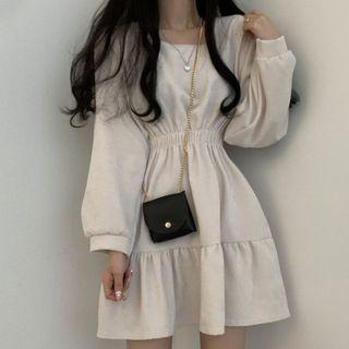 Puff-sleeve Square-neck Velvet Dress