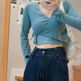 Lace-up Plain Cropped Wrapped T-shirt