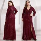 Long-sleeve Slitted Evening Gown