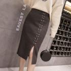 Lace-up Knitted Midi Pencil Skirt