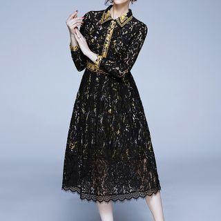 Printed Collar Panel Lace Midi A-line Dress