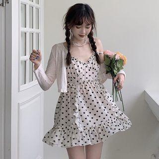 Spaghetti Strap Heart Print Dress / Light Jacket