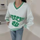 Contrast-trim Letter Patterned Oversize Sweater