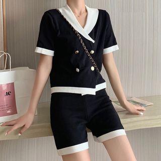 Set: Short-sleeve Double Breasted Knit Top + Shorts Top - Black - One Size / Shorts - Black - One Size