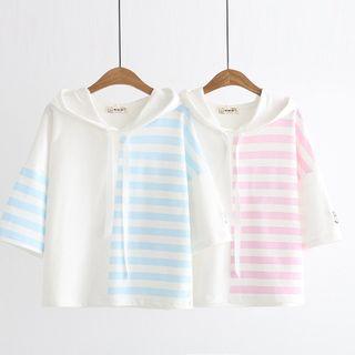 Striped Panel Hooded Elbow-sleeve T-shirt