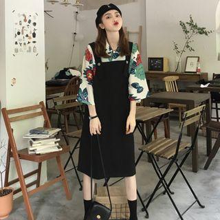 Set: 3/4-sleeve Printed Shirt + Midi Jumper Dress