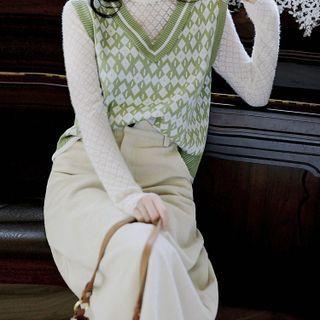Set: Long-sleeve Mock-neck Lace Top + Sweater Vest + Midi A-line Skirt