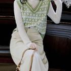 Set: Long-sleeve Mock-neck Lace Top + Sweater Vest + Midi A-line Skirt