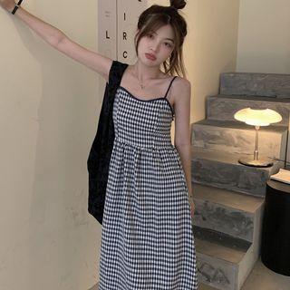 Spaghetti Strap Gingham Midi A-line Dress Black & White - One Size
