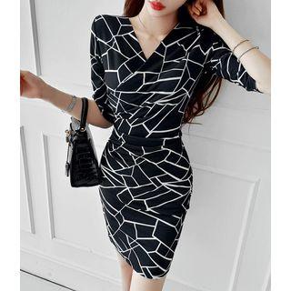 Wrap-front Patterned Sheath Dress Black - One Size