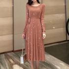 Long-sleeve Sequined Midi A-line Dress