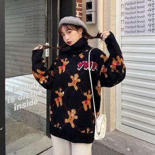 Cartoon Print High-neck Knit Sweater