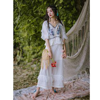 Fringed Perforated Wide-leg Pants