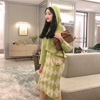 Set: Knit Hoodie + Midi Argyle Knit Skirt