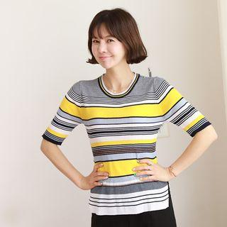 Multi-stripe Elbow-sleeve Knit Top