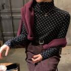 Long-sleeve Turtle Neck Dotted T-shirt Navy Blue - One Size